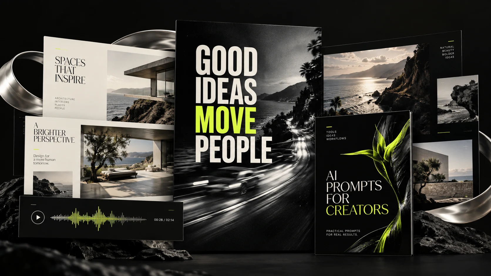Illustrative creative resources: presentation designs, motion artwork and AI prompts